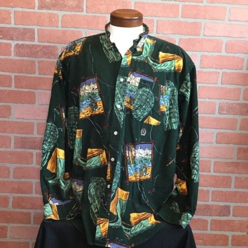 Vintage Tommy Hilfiger Flannel Shirt Size L Fishing Theme Graphic Camping